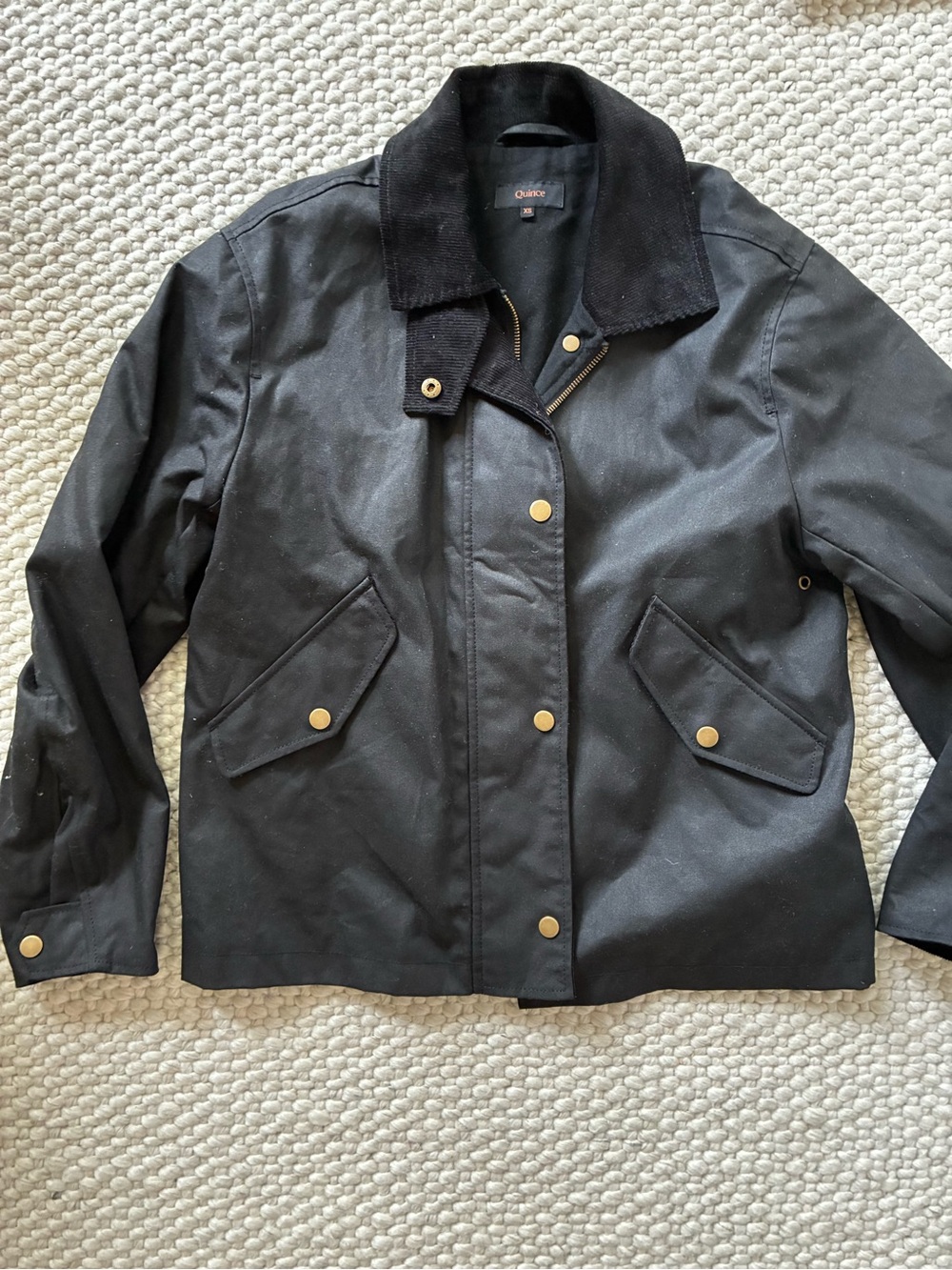 Quince Black Waxed Jacket with Corduroy Collar